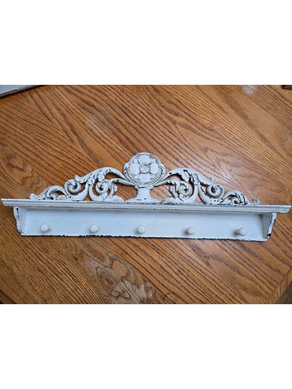 Vtg style Shabby Chic White Wall Shelf Hook Rack Distressed Floral Medallion 24"